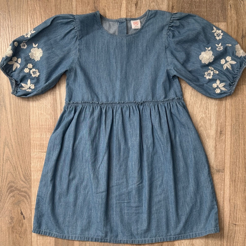 Wonder Nation Blue Denim Girl Dress with Embroidered Sleeves Size M (7/8)